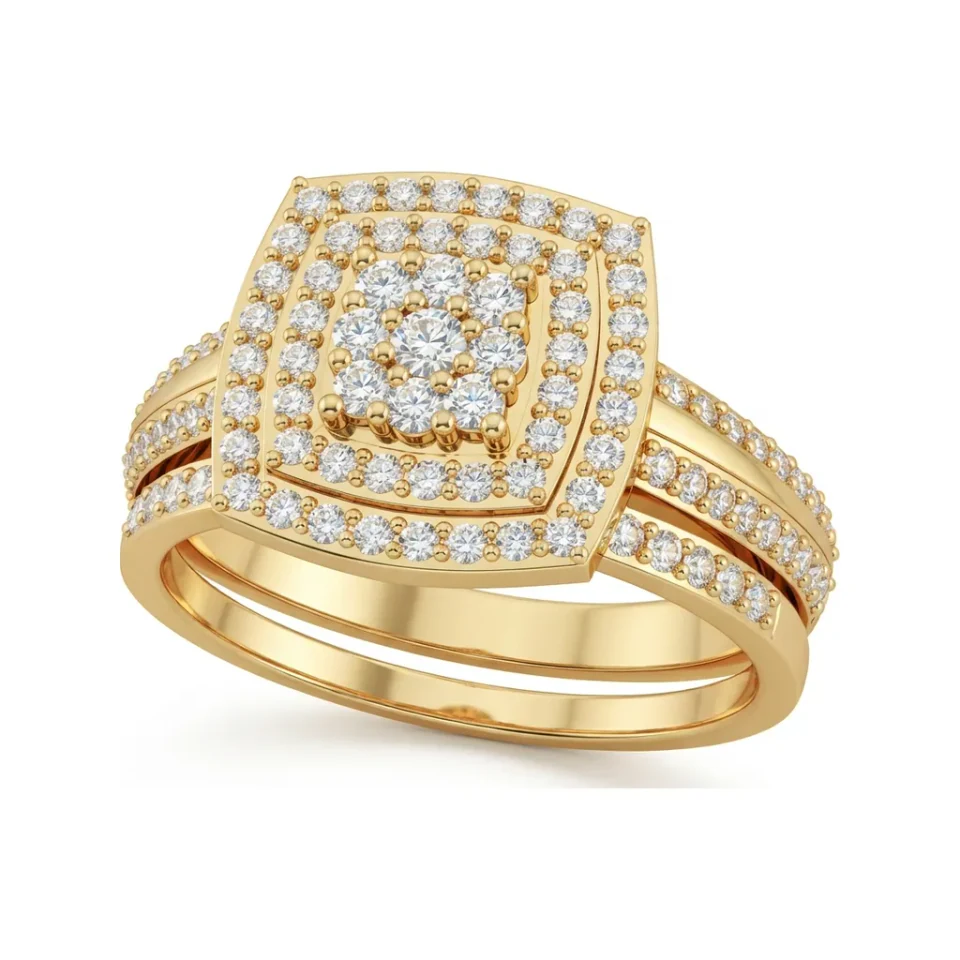 0.55 CTTW Cushion Halo Pave Cluster Bridal Set in 10K Yellow Gold image 1