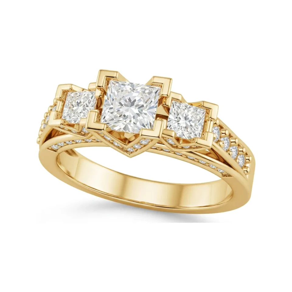 1.2 CTTW Trellis Three-Stone Princess Ring with Channel and Pave in 10K Yellow Gold image 1