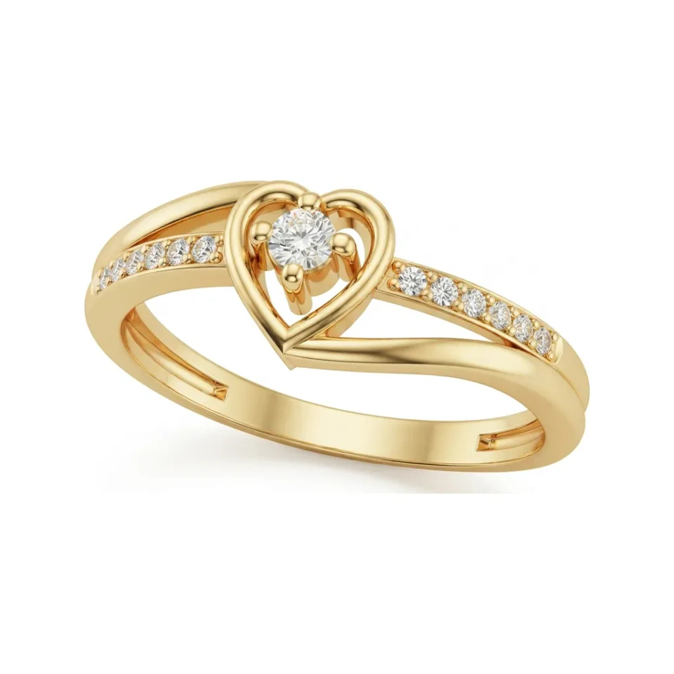 0.11 CTTW Heart Motif Engagement Ring with Pave Bypass Shank in 10K Yellow Gold image 1
