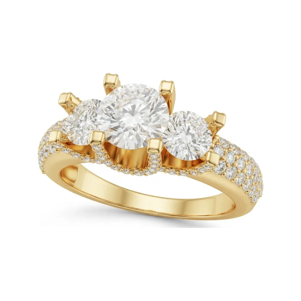 1.59 CTTW Three-Stone Cathedral Engagement Ring, Multi-Row Pave in 10K Yellow Gold image 1