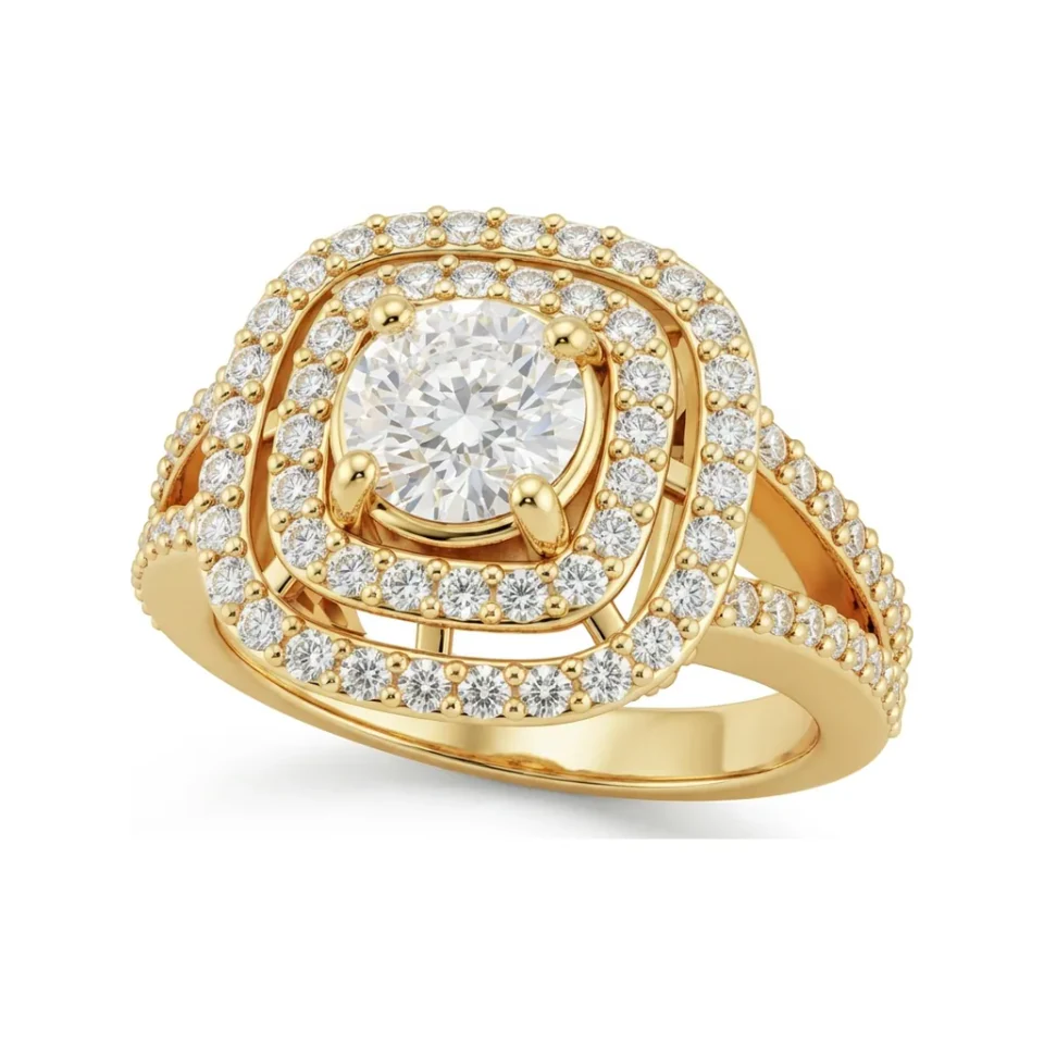 1.44 CTTW Double Halo Engagement Ring with Filigree Pave Split Shank in 10K Yellow Gold image 1