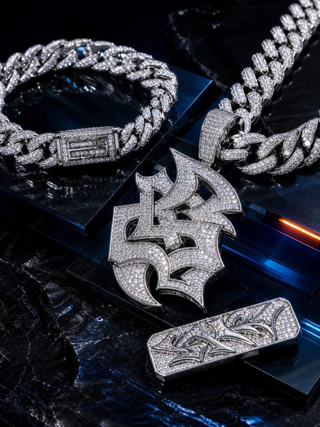 Detailed jewelry arranged on a dark reflective display