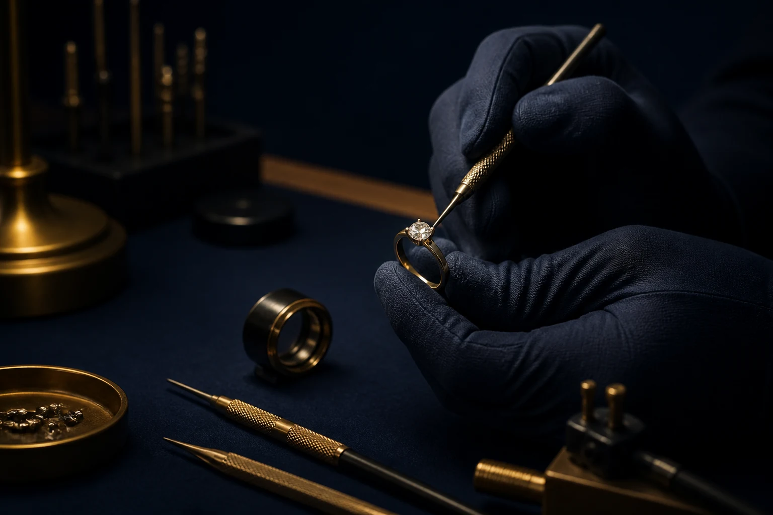 Jeweler inspecting the setting of a diamond ring