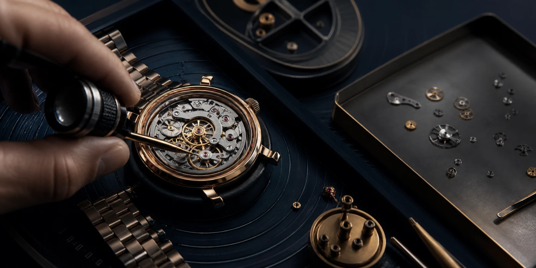 Mechanical watch movement under inspection at a watch repair workbench