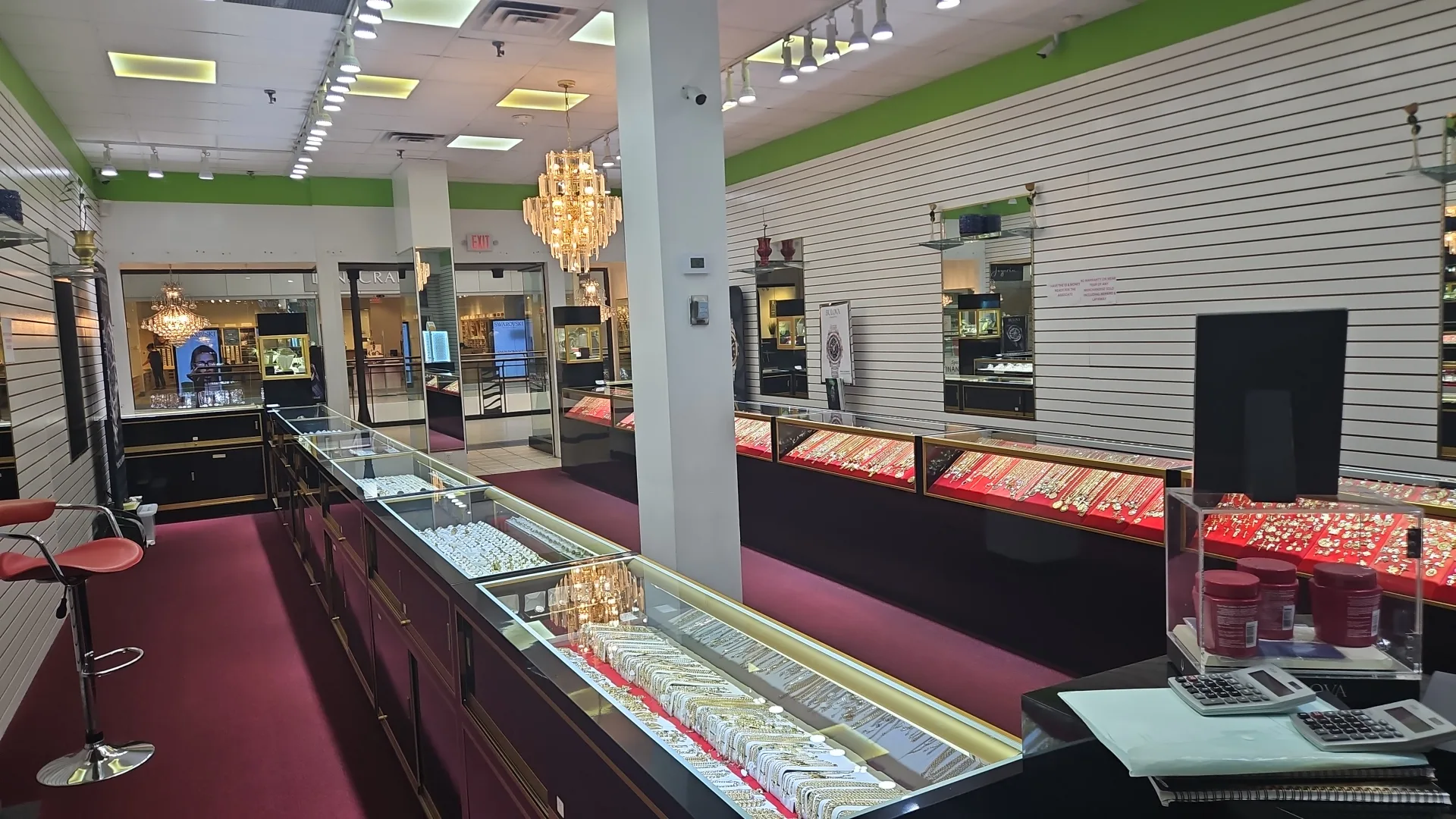 Wide view of the jewelry showcases inside the showroom